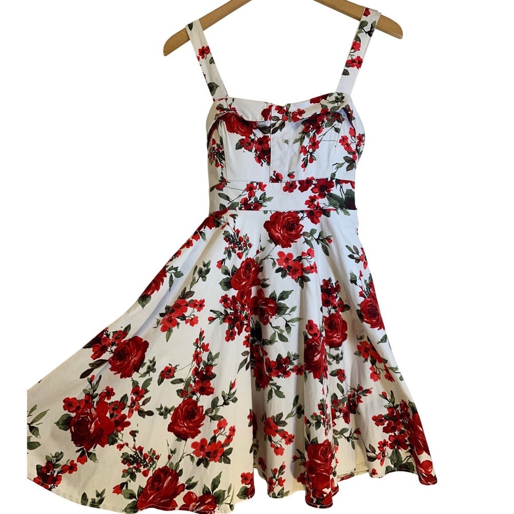 Eva Rose Floral Fit & Flare Dress L USA Cotton stretch pockets Rockabilly Pinup